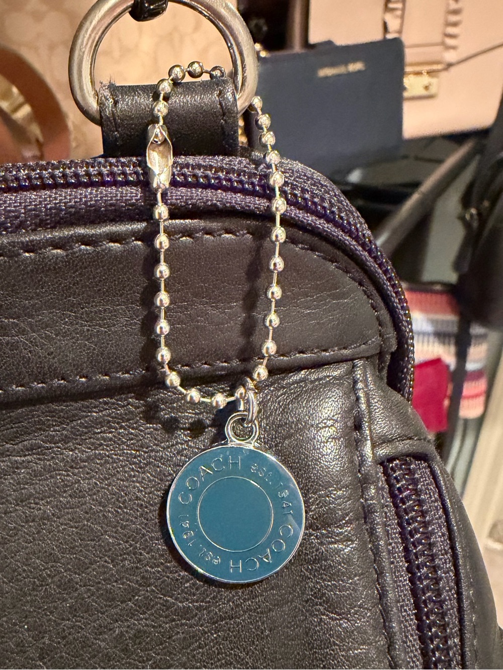 Coach Silver-Tone & Teal Round Logo Keychain Charm
